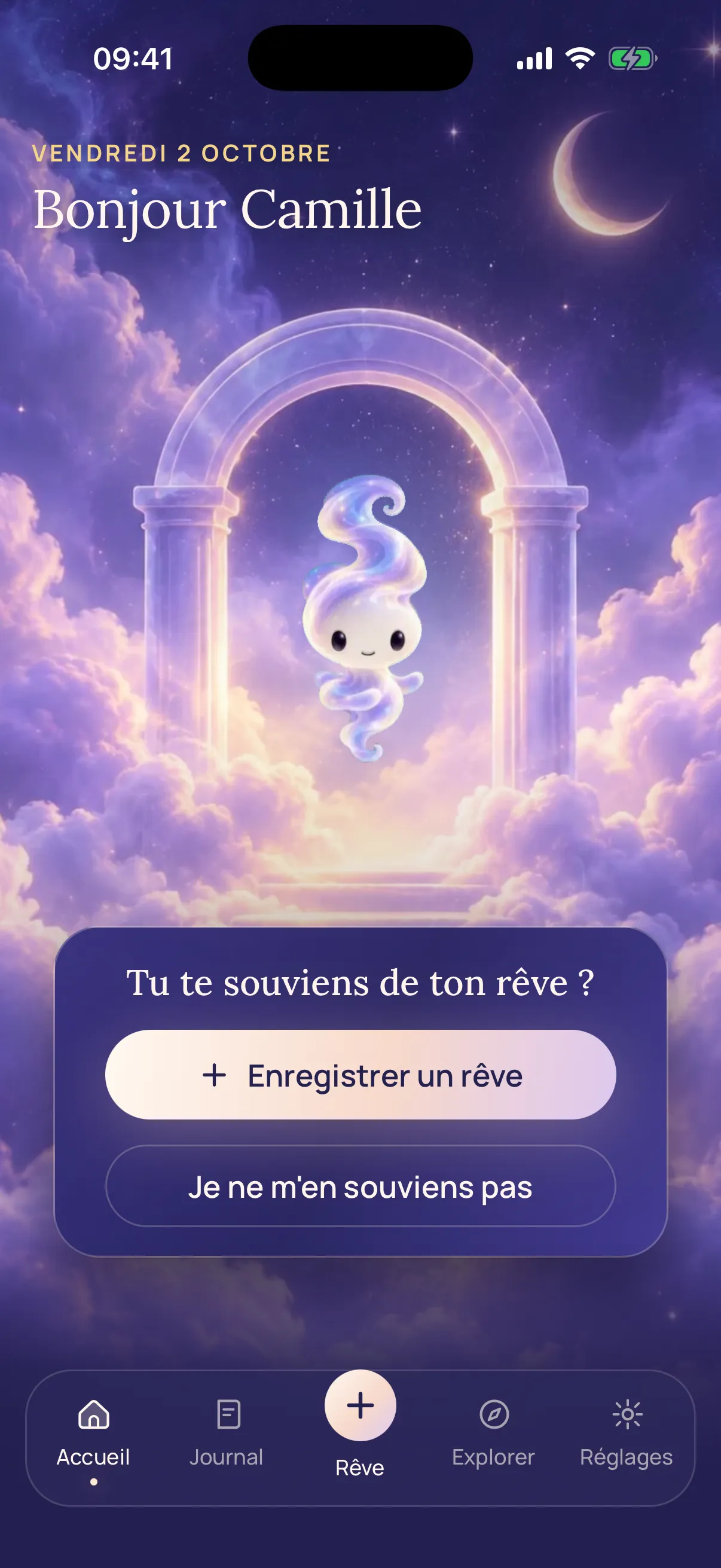Écran d'accueil de Songe AI : Songe salue sous une arche de pierre ouverte sur un ciel de nuages.