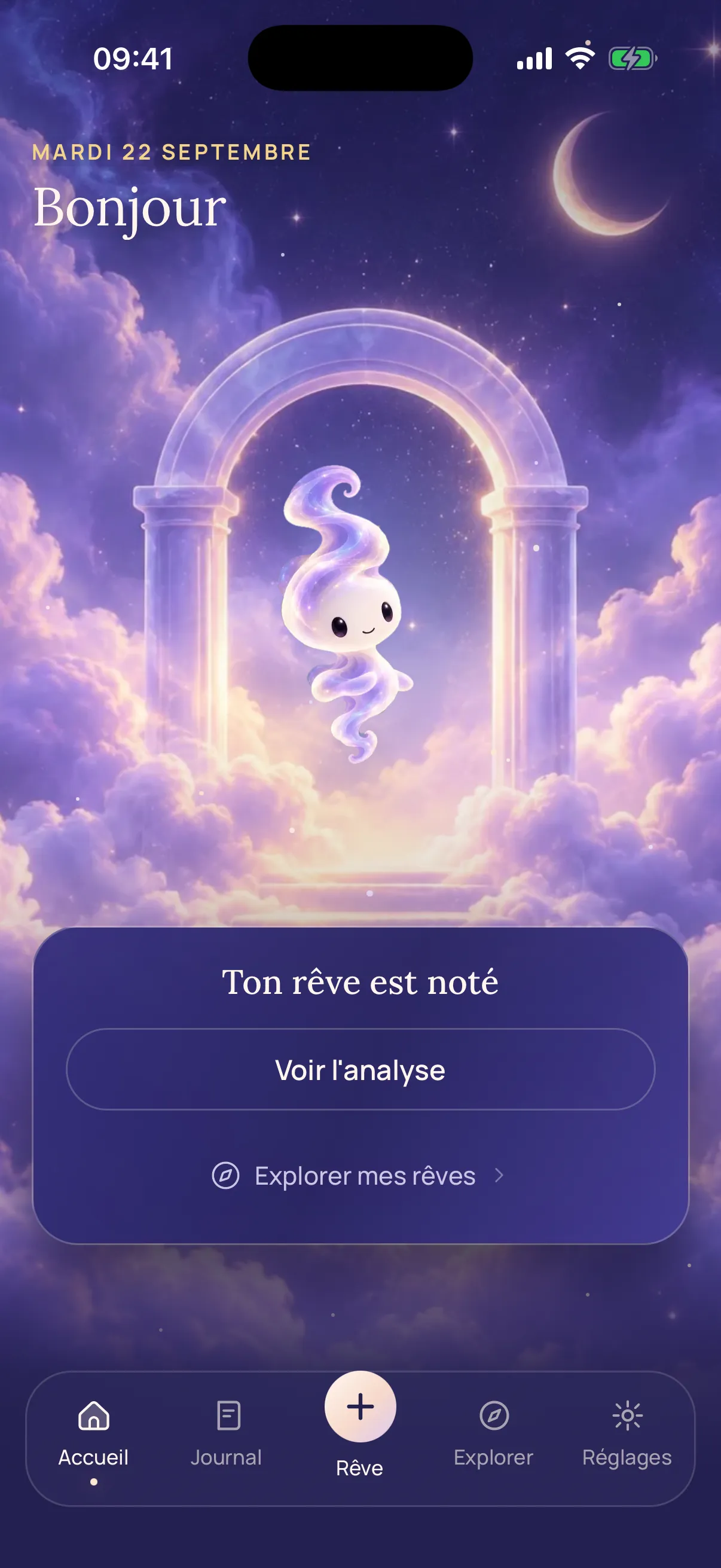 Écran d'accueil de Songe AI : Songe salue sous une arche de pierre ouverte sur un ciel de nuages.