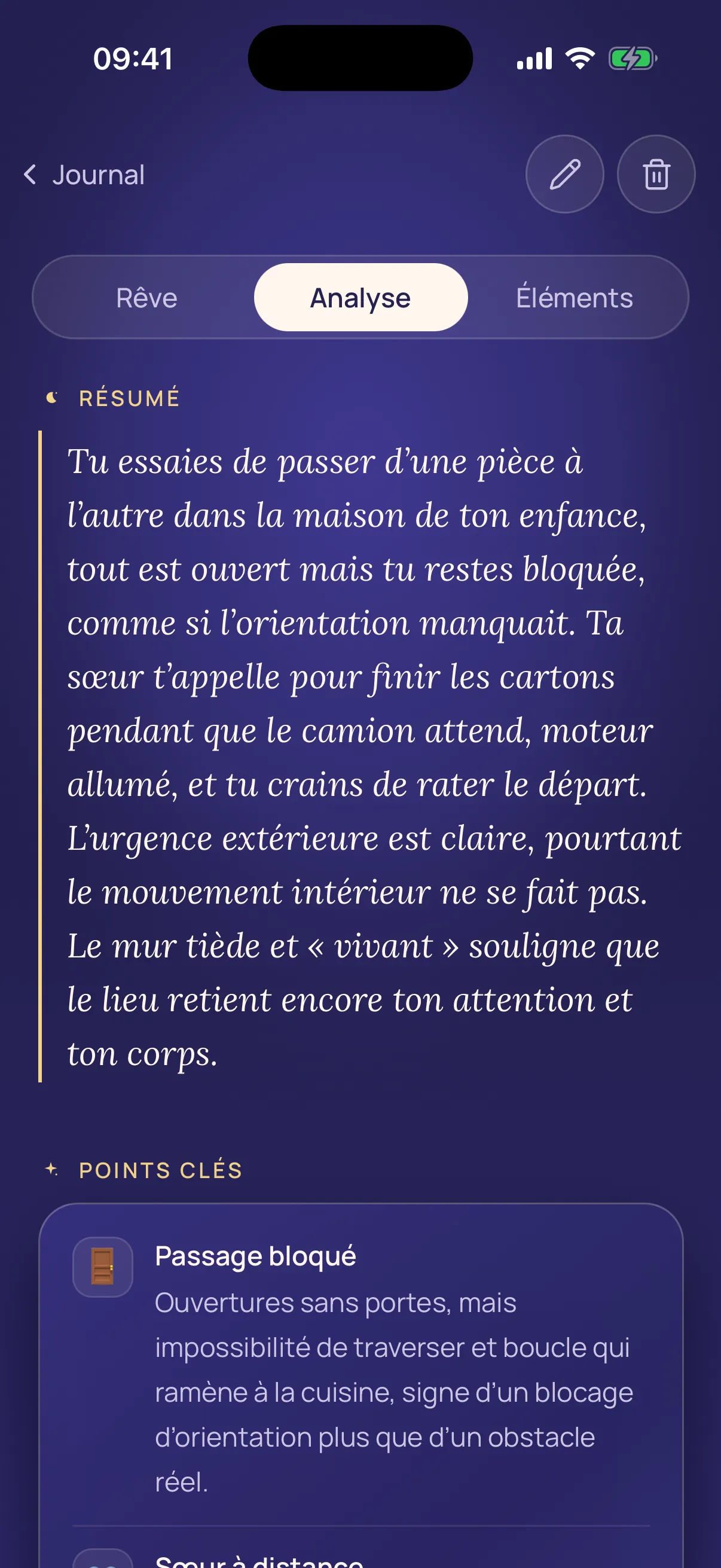 Analyse d'un rêve dans Songe AI : le résumé du rêve, qui le reformule, puis le début de ses points clés.