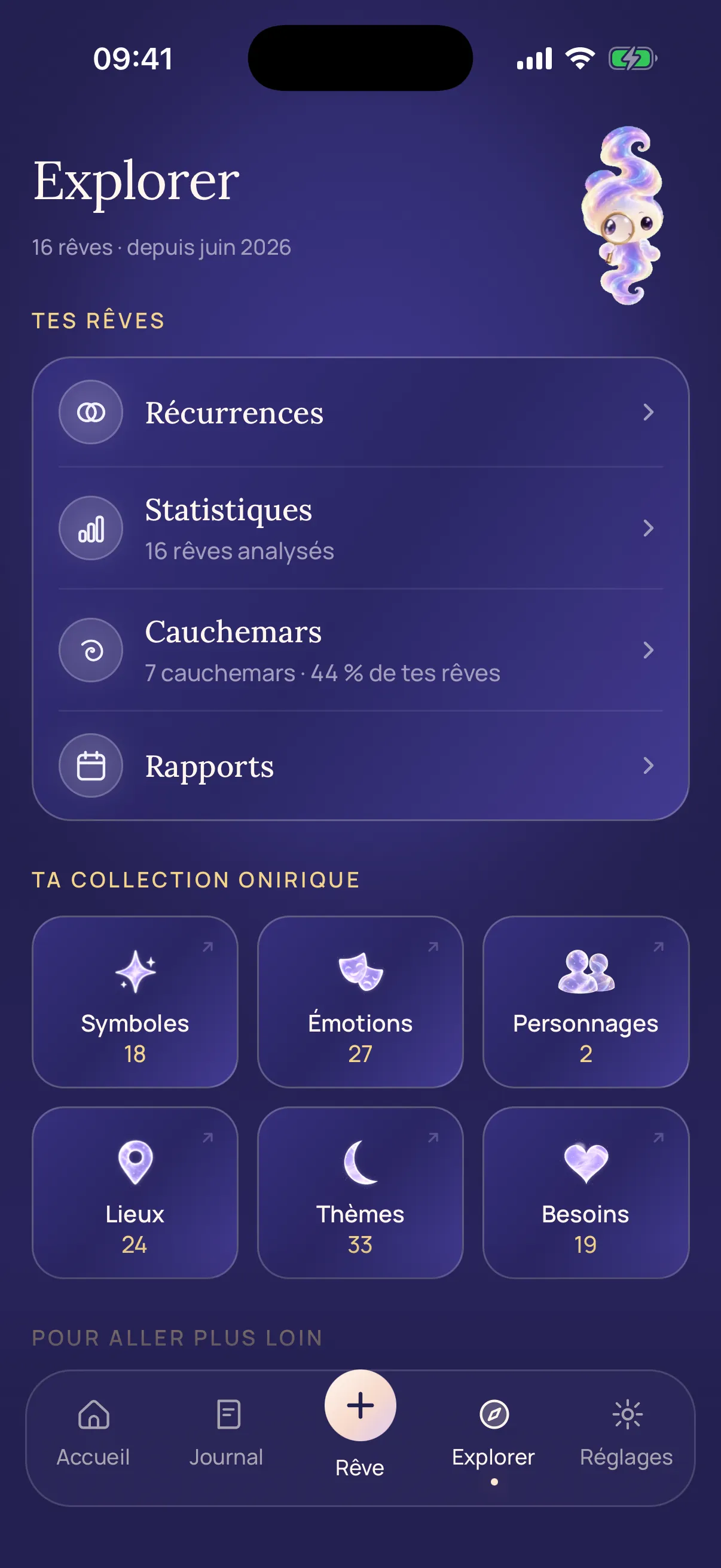 Écran Explorer de Songe AI : Songe tient une loupe, au-dessus des Récurrences, des Statistiques, des Cauchemars, des Rapports et de la collection onirique (symboles, émotions, personnages, lieux, thèmes, besoins).
