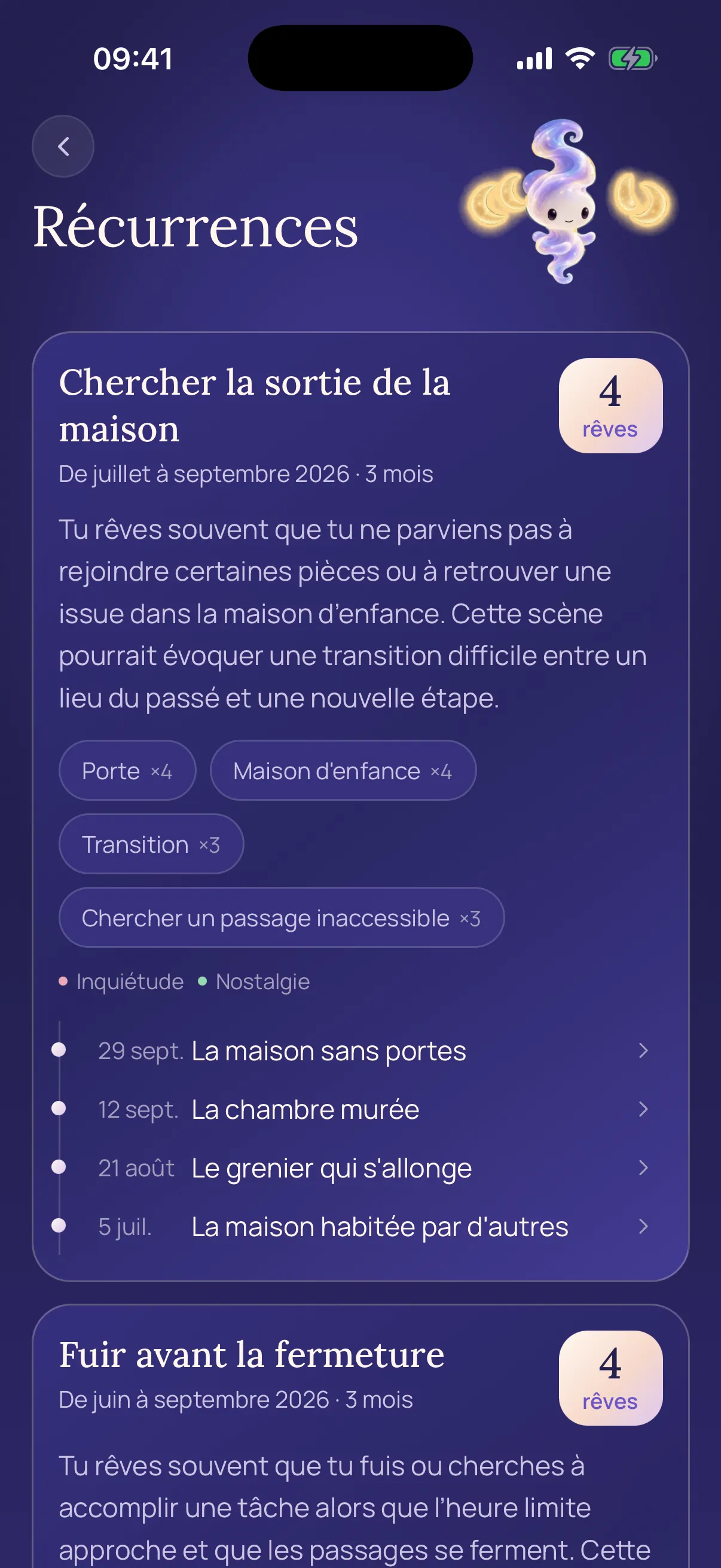 Écran Récurrences de Songe AI : une famille de quatre rêves qui se ressemblent, avec ce qu'ils ont en commun et leurs dates.